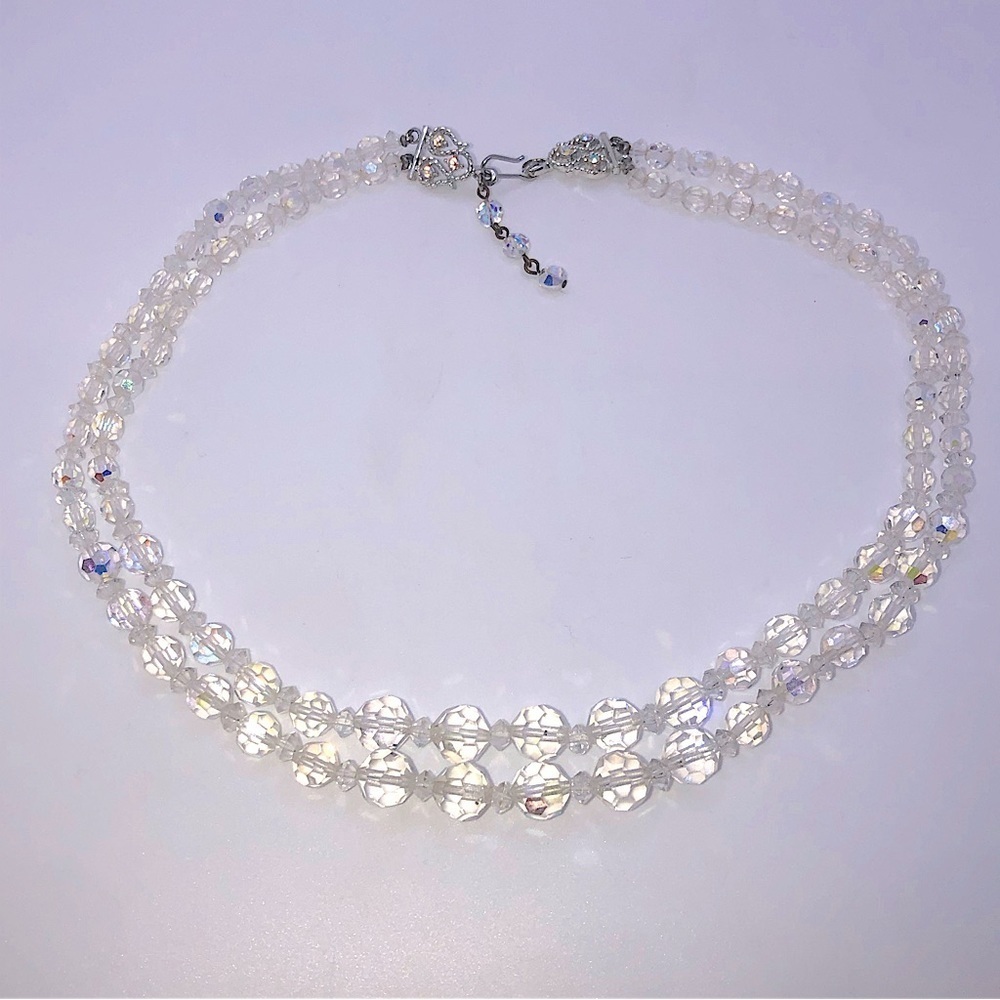 Vtg AB Aurora Crystal Facetted Graduated Bead Double Strand Necklace 20”